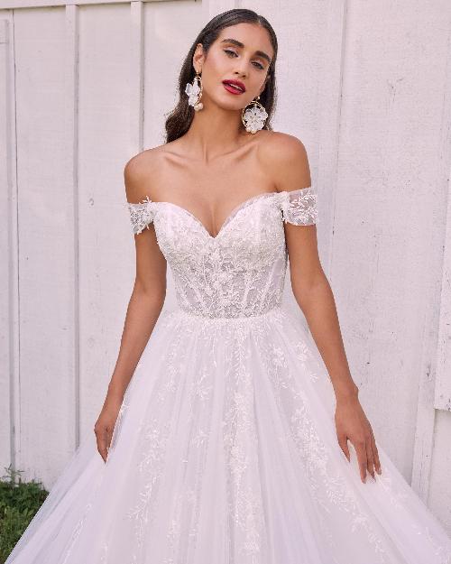 La22127 a line beaded wedding dress with off the shoulder sleeves and sweetheart neckline1
